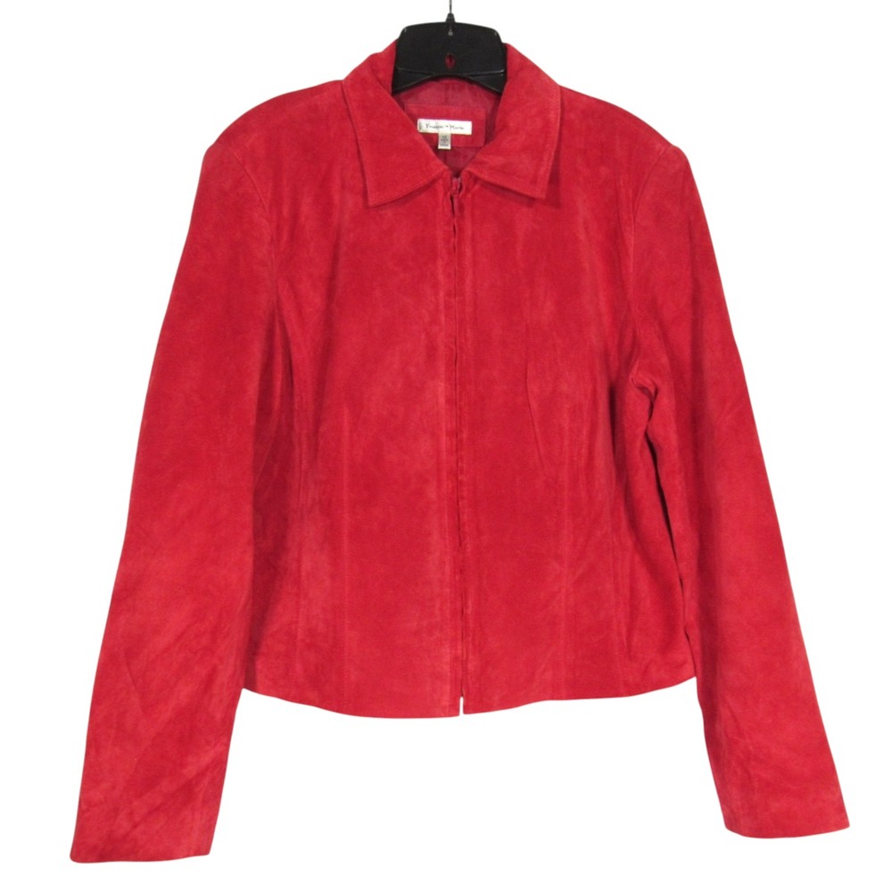 YVONNE & MARIE Lined SUEDE LEATHER Red FULL-ZIP Point Collar JACKET Sz 12